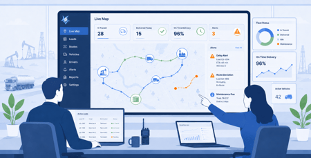 Transportation data dashboard showing live fleet tracking, route optimization, delivery status, and real-time operational insights for improving field operations efficiency.