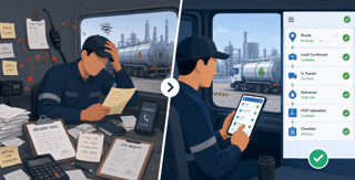 Comparison of manual delivery paperwork versus a digital proof of delivery and fleet management mobile application.