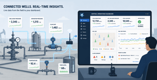 SCADA-style dashboard for upstream oil and gas operations with live well monitoring and production analytics.