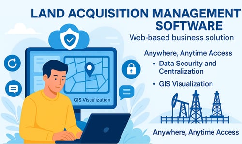 Illustration of PakEnergy web solution with land parcel visualization, data protection, and 24/7 accessibility