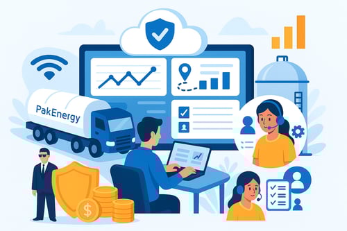 Oil and gas software interface concept showing secure cloud-based land operations, fuel transport, and customer support representatives.
