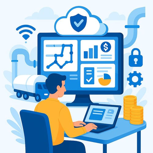 Digital accounting dashboard for oil and gas industry with pipeline logistics, financial charts, and secure data management