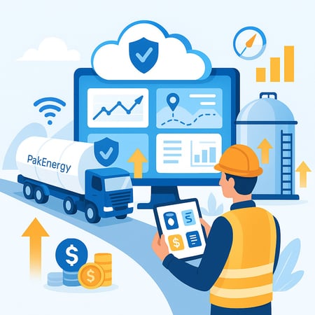 PakEnergy transportation management system interface with oil truck, cloud analytics, and supply chain optimization features